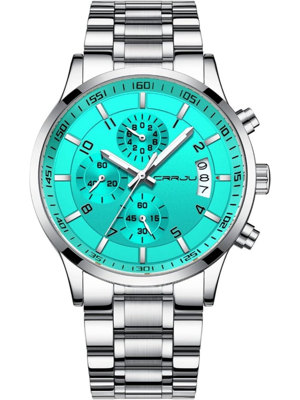Mens Silver Sky Blue Analog Stainless Steel Waterproof Chronograph Wrist Watch
